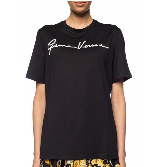 Versace Women’s Black T-Shirt with Embroidered White Logo Size 38